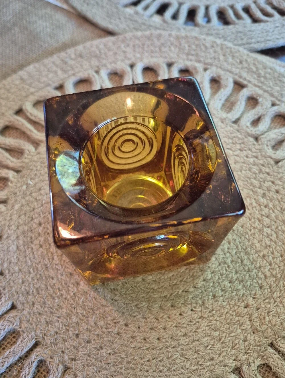 Viking Glass Bullseye Glimmer Votive Candle Holder Paper Weight Epic Line  Amber